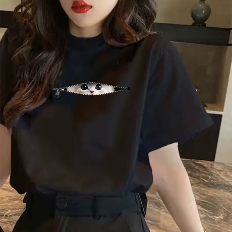 黑色短袖t恤2025春夏季新款半高领猫咪宽松显瘦百搭正肩韩版上衣图片
