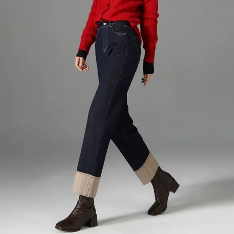 翻边直筒牛仔裤女秋冬新款加绒女裤法棍裤小个子九分裤高腰烟管裤商品大图