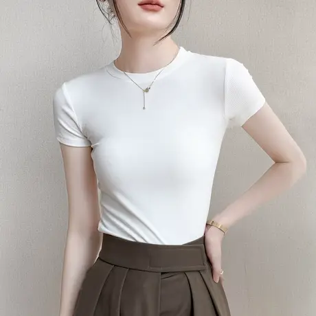 韩版圆领短袖T恤女2025春夏新款修身显瘦纯色简约百搭内搭上衣潮商品大图