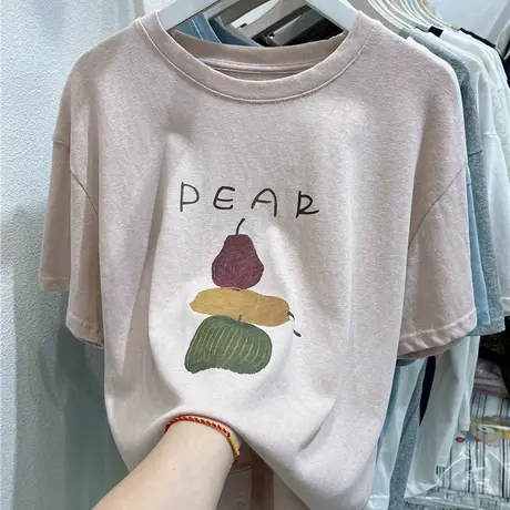 2025夏季新款韩版百搭t恤宽松显瘦梨字母印花雪花棉圆领短袖上衣图片