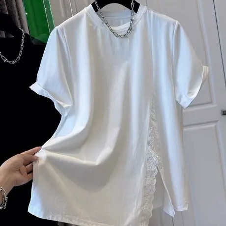 设计感开叉下摆短袖T恤女夏季韩版宽松内搭打底衫蕾丝边拼接上衣商品大图