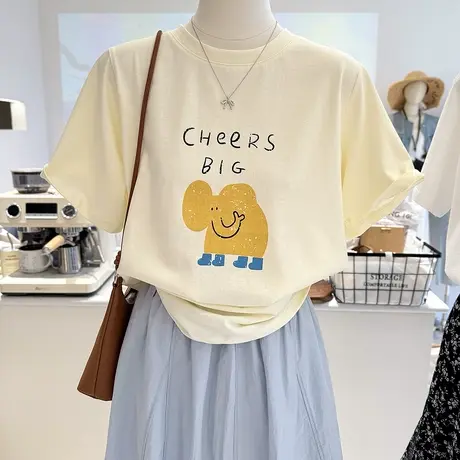 夏季新款韩系百搭可爱小黄象印花圆领短袖女卡通减龄正肩显瘦T恤商品大图