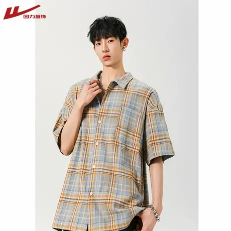 回力纯棉短袖衬衫男士夏季美式潮牌半袖上衣宽松休闲格纹衬衣外套商品大图