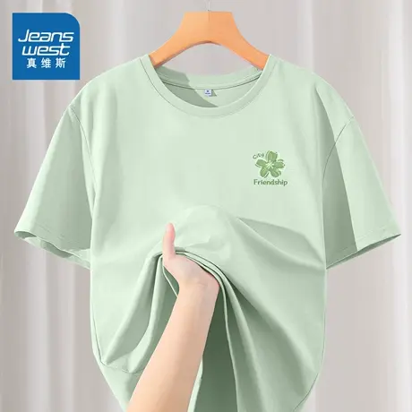 KMV真维斯绿色纯棉短袖t恤女士2025新款夏季宽松设计感多巴胺上衣商品大图