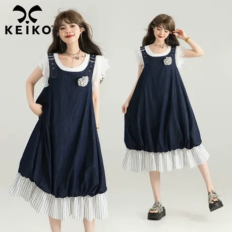 KEIKO 温柔气质风牛仔吊带连衣裙25早秋假两件拼接花苞水母裙长裙商品大图