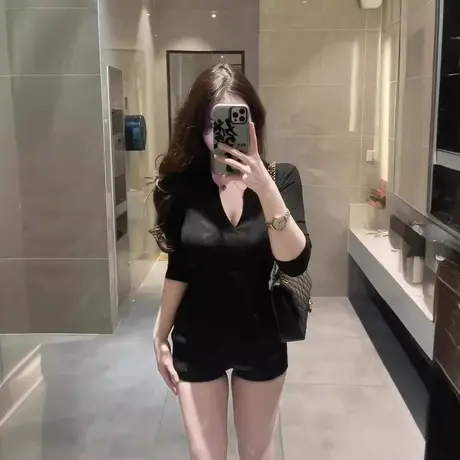 黑色性感半开领微透修身打底衫高级感百搭显胸大五分袖弹力上衣女商品大图