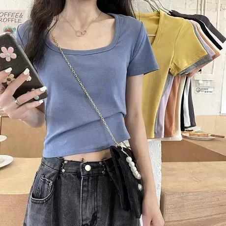 方领纯棉t恤短袖2025新款女装夏季纯色短款修身上衣服辣妹风ins潮图片