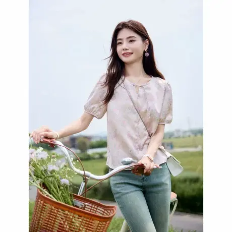 时尚气质碎花短袖夏季衬衫女士2024年夏季新款显瘦通勤减龄百搭衫商品大图