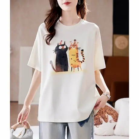 宝诗黎钉珠印花宽松中袖T恤2025夏季韩版洋气百搭休闲大码女装潮商品大图