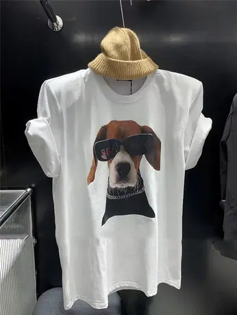 韩国东大门2024夏季新款圆领百搭宽松卡通小狗印花短袖垫肩T恤女商品大图