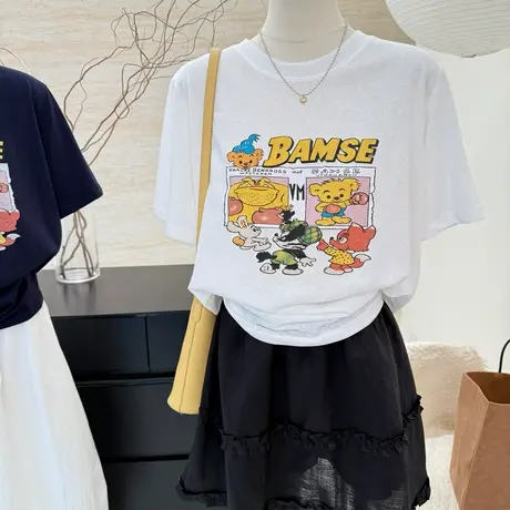 涂鸦小熊印花宽松显瘦薄款透气凉感雪花棉半袖短袖t恤女百搭上衣商品大图