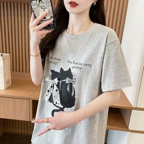 蝴蝶结短袖t恤女夏季韩版宽松大码女装初中生设计感小众纯棉上衣商品大图