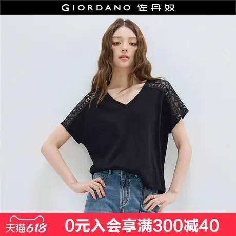 设计师款佐丹奴短袖T恤女夏季宽松镂空蕾丝插肩V领上衣女18325210图片