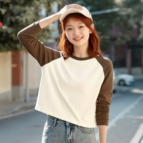 KWV真维斯纯棉长袖t恤2025新款女秋季显瘦修身美式设计感短款上衣商品大图