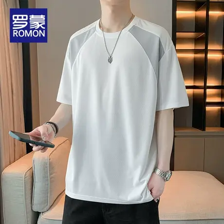 罗蒙男士短袖T恤夏季薄款2025新款圆领宽松拼色潮流百搭体恤衫男图片