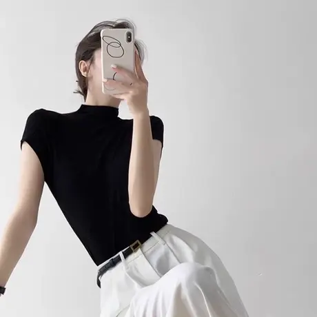 小个子短款半高领半袖T恤女夏季韩版修身螺纹打底小衫短袖上衣潮商品大图