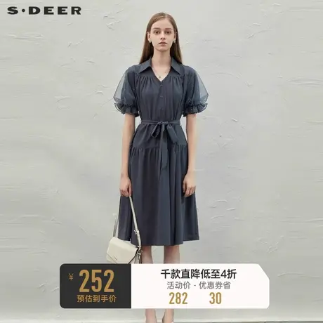 sdeer圣迪奥女装翻领收腰网纱泡泡袖连衣裙S232Z12NZ图片