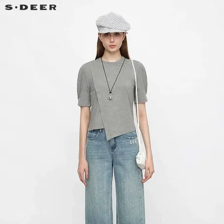 sdeer圣迪奥女装复古圆领拼接不规则泡泡袖T恤S24280109图片