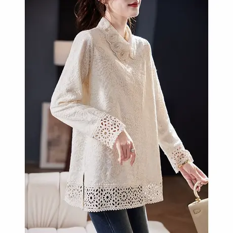 宝诗黎蕾丝刺绣拼接桑蚕丝衬衫2025春季气质百搭休闲长袖衬衣女商品大图