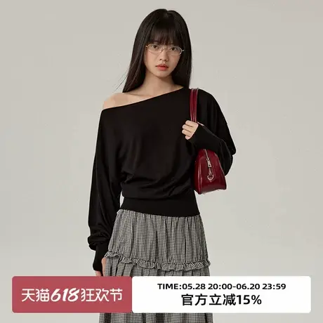 omont蛋挞家 100%莱赛尔斜肩针织衫2025春季收腰显瘦慵懒长袖T恤商品大图