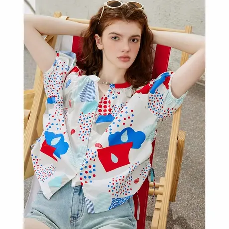 a02【浪漫假日】撞色宽松设计感个性抽绳v领女式衬衫夏纯棉商品大图