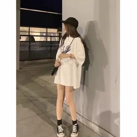 爆款白色大版短袖t恤女装2025新款宽松韩版慵懒风遮屁股下衣失踪商品大图