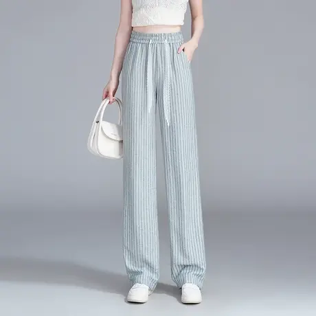 条纹休闲裤阔腿裤女夏季薄款2025新款高腰垂感宽松直筒凉凉裤长裤商品大图