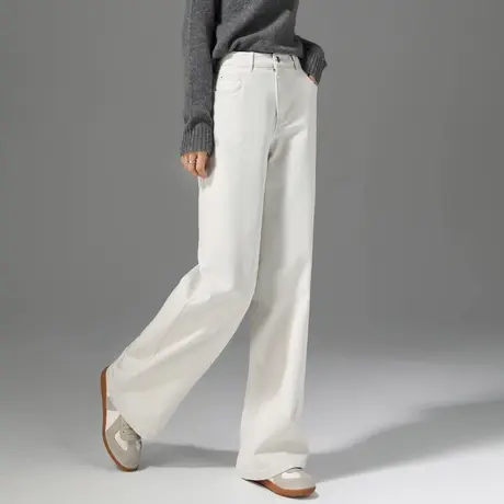 白色加绒阔腿牛仔裤女秋冬2024新款加厚裤子冬季宽松直筒裤拖地裤商品大图