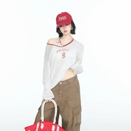 美式复古数字印花长袖T恤女夏季2025新款宽松微透V领慵懒风罩衫图片