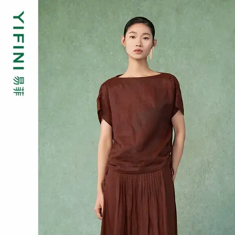 [专柜同款]Yifini/易菲莨棉文艺印花优雅气质宽松短款小衫衬衫女商品大图