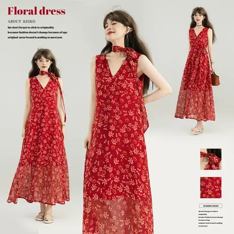 KEIKO [赠丝带] 绝美红底碎花雪纺连衣裙25夏季度假风无袖V领长裙图片