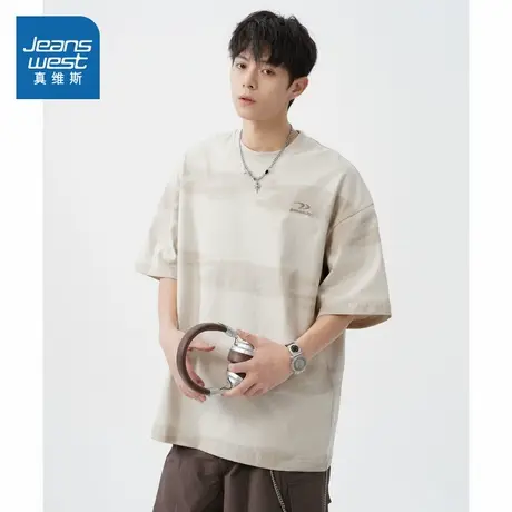 D4真维斯男装2025夏季新款 复古扎染撞色时尚百搭刺绣纯棉短T恤商品大图