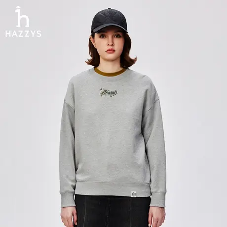 Hazzys哈吉斯休闲圆领卫衣女秋季时尚绣花上衣潮套头长袖T恤女装图片
