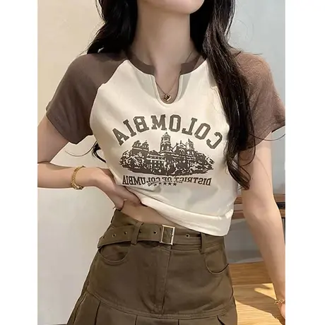 辣妹正肩短袖T恤女夏季2024甜辣美式复古设计感小众独特短款上衣商品大图