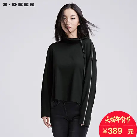 sdeer圣迪奥女装黑色休闲高领长袖T恤上衣S16480253图片