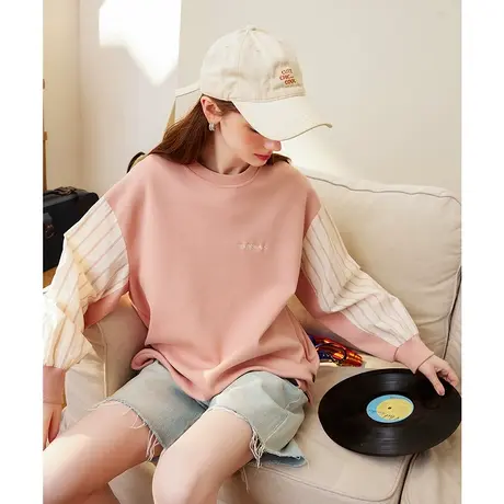 a022025春新款拼接条纹长袖上衣宽松慵懒圆领女式卫衣商品大图