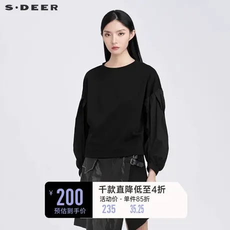 sdeer圣迪奥秋装休闲圆领拼接泡泡袖宽松卫衣女S22182212图片