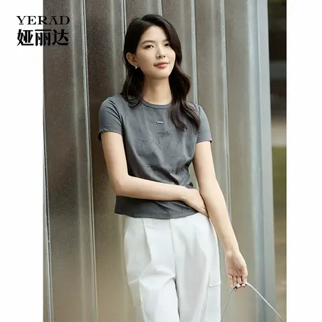 娅丽达商场同款纯色t恤女2025年夏季薄款印花灰色短袖打底衫图片