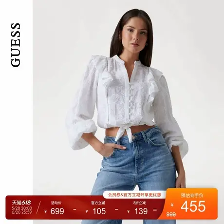 GUESS25年新款夏季女士木耳边系带蕾丝镂空长袖T恤-W5YH80WHEN0图片