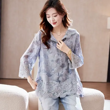 宝诗黎连帽蕾丝拼接印花衬衫2025春季洋气设计感宽松休闲上衣女商品大图