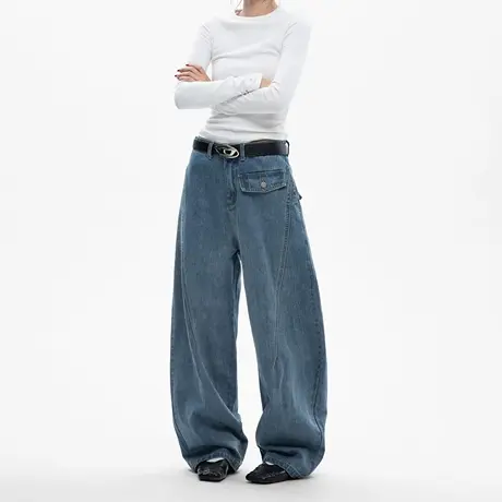 美式复古分割直筒阔腿牛仔裤女2025夏季新款宽松百搭休闲弯刀长裤商品大图