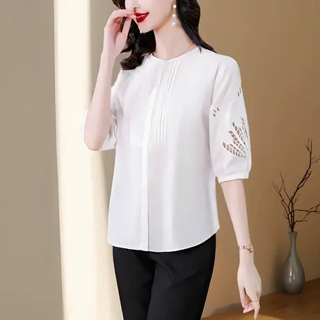 镂空绣花短袖衬衫女2025夏季新款时尚洋气减龄宽松显瘦妈妈上衣商品大图