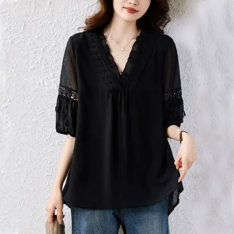 雪纺衬衫女短袖夏季新款宽松加肥加大码洋气蕾丝拼接V领中袖上衣商品大图