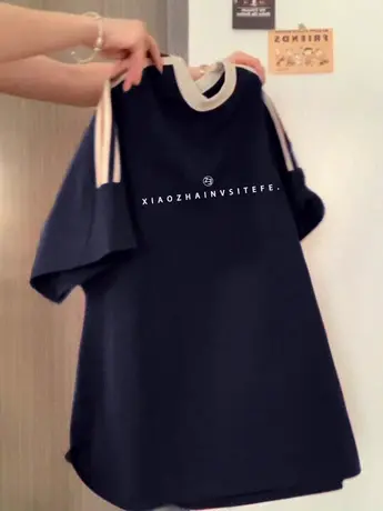 美式复古三条杠插肩纯棉短袖t恤女夏大码宽松半袖设计感小众上衣图片