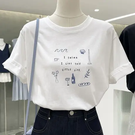 艺术插画印花圆领套头短袖T恤2025夏季流行单品舒适透气别致上衣商品大图