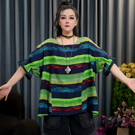 复古文艺范宽松条纹圆领T恤2025夏季新款时尚遮肉显瘦套头上衣女图片