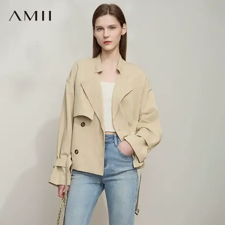 AMII【英伦风】2025秋经典英伦风简约宽松下摆绑带设计风衣女外套图片