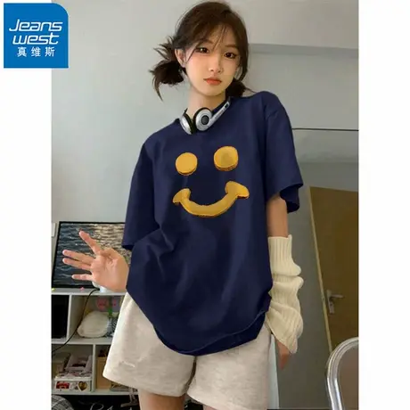 NR真维斯圆领美式复古纯棉短袖T恤女夏季宽松小众别致设计感上衣商品大图