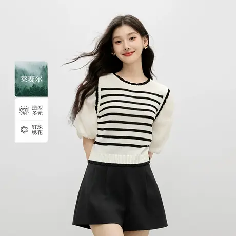 秋水伊人经典通勤圆领泡泡袖上衣2025年夏季新款女时尚毛针织衫商品大图