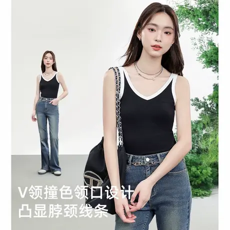 KWV真维斯撞色带胸垫v领针织吊带背心女外穿修身设计感短款上衣商品大图